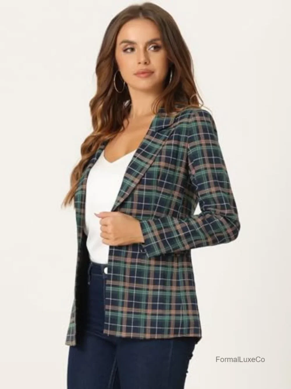 Plaid Houndstooth Blazer Work Casual Suit Jacket One Button